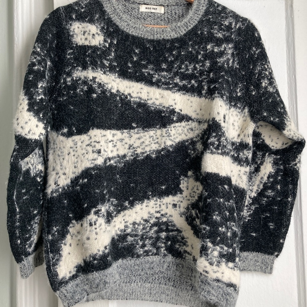 Mod Ref fuzzy cozy grey black and cream sweater 80s style